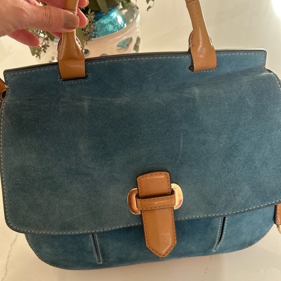 MICHAEL KORS ROMY DENIM BLUE SUEDE BROWN CROSSBODY MESSENGER BAG SATCHEL - Picture 10 of 16